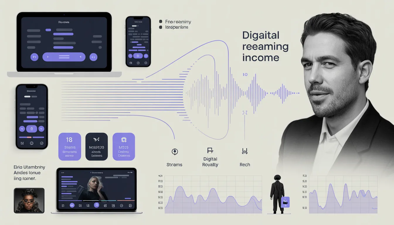 اینفوگرافیکی درباره نقش استریم و پلتفرمهای دیجیتال در درآمد خوانندگان، شامل نمایش درآمد حاصل از پلتفرمهای موسیقی آنلاین، تعداد پخش، رویالتی دیجیتال و مقایسه با فروش سنتی موسیقی.