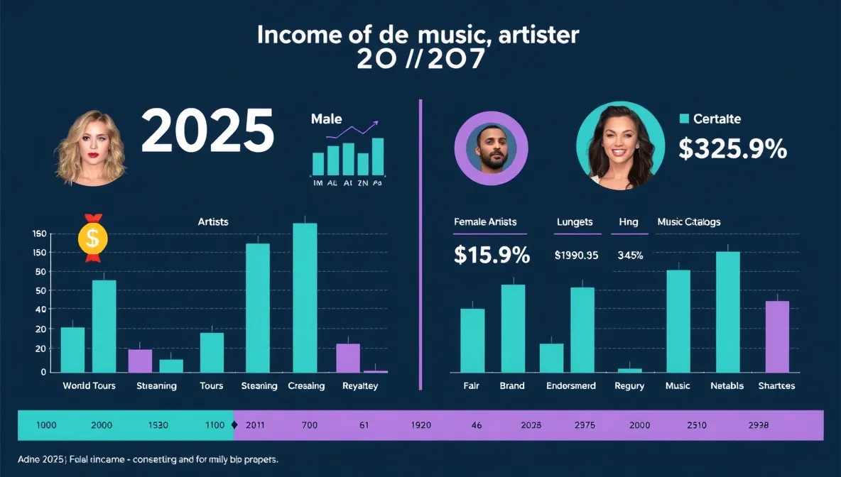 اینفوگرافیک مقایسه درآمد خوانندگان زن و مرد در سال ۲۰۲۵، با نمایش تفاوتها، میانگین درآمد سالانه، منابع اصلی درآمد مانند تور، استریم و قراردادهای تبلیغاتی در صنعت موسیقی جهانی.