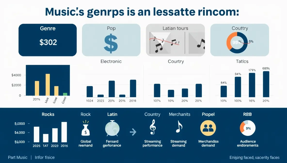 اینفوگرافیک تأثیر ژانرهای مختلف موسیقی بر میزان درآمد هنرمندان، با مقایسه ژانرهایی مانند پاپ، هیپهاپ، راک، الکترونیک و لاتین و منابع اصلی درآمد آنها.