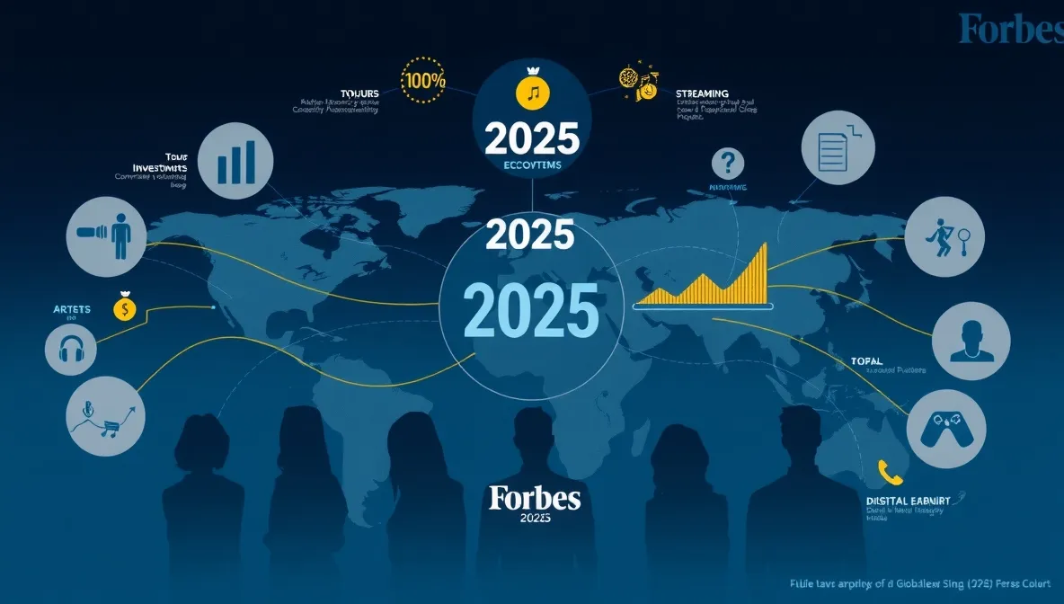 تصویری تحلیلی از جمعبندی وضعیت صنعت موسیقی جهانی در سال ۲۰۲۵، با تمرکز بر پردرآمدترین خوانندگان جهان، تنوع منابع درآمد، نقش تورها، استریم، برندینگ و کارآفرینی در موفقیت مالی هنرمندان.